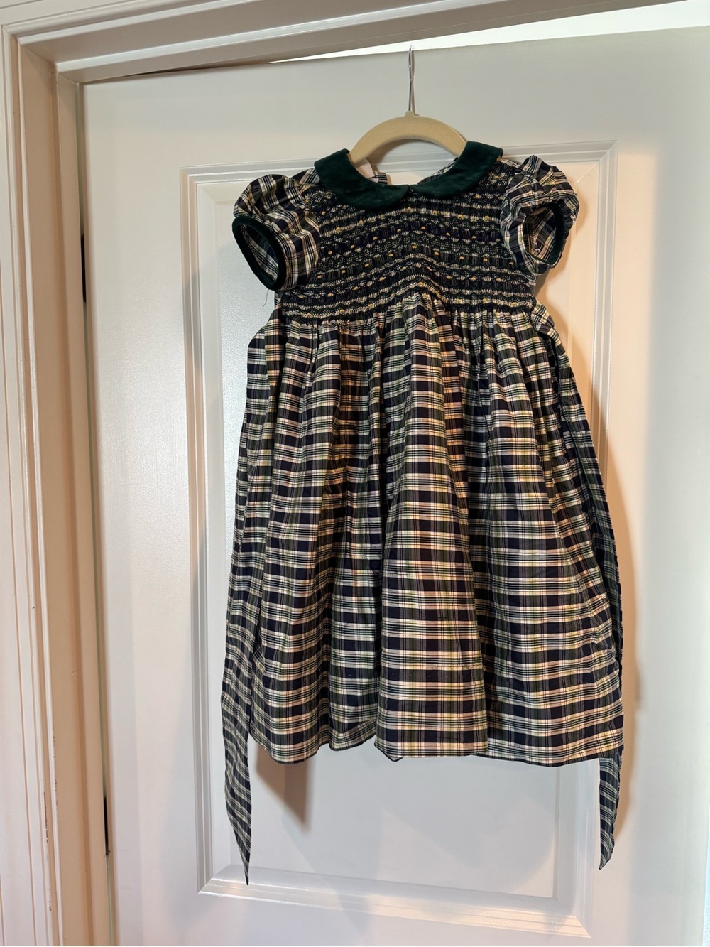 Plaid Smocked Peter Pan Collar Dress in Green and Cream